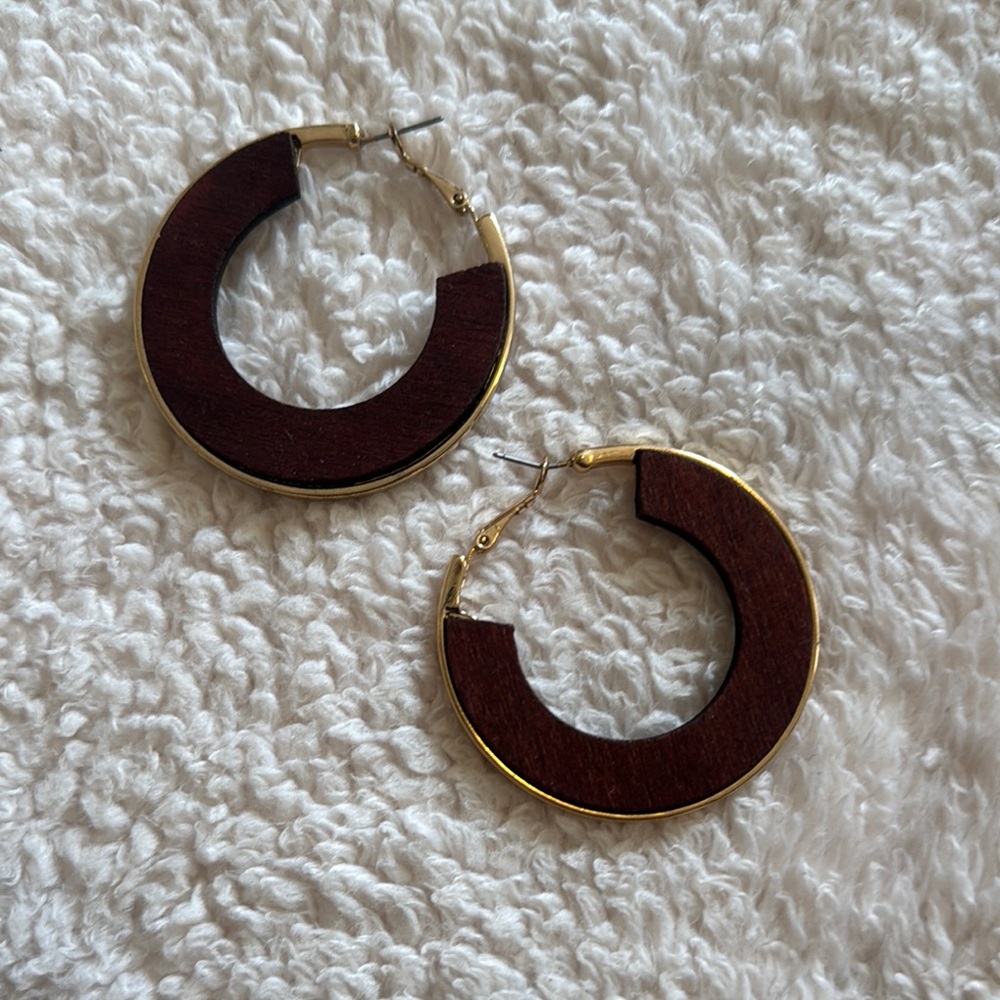 Elegant Gold and Wooden Hoop Earrings